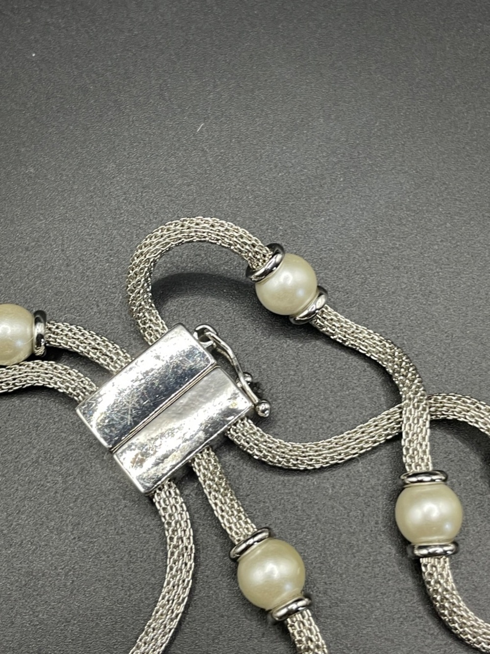 Anne Klein 3 Row Silver Tone Mesh Faux Pearl Bracelet 7 1/2" - Picture 9 of 14